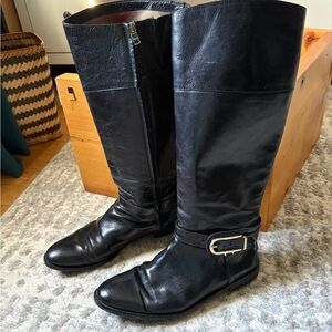 Black Over-the-Knee Leather Riding Boots with Buckle Detail